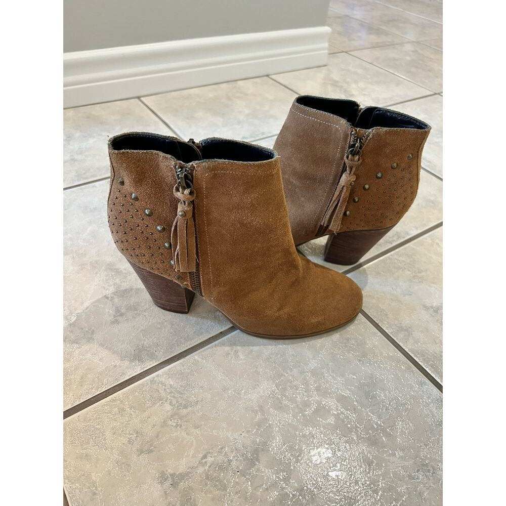 Guess Ankle Booties Studded Block Heel Side Tassel Zip Brown Suede Size 7.5M